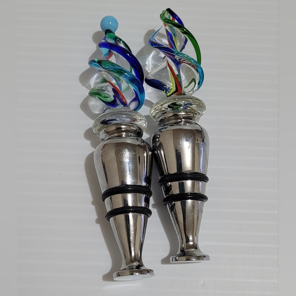 2 Pack Hand Blown Glass Wine Stopper colorful Stunning READ!!!